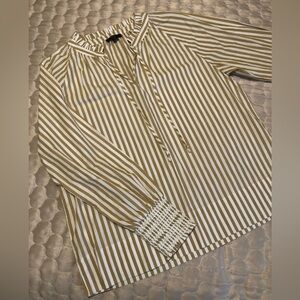 J.Crew Striped Cotton Blouse Small Tan White Smocked Cuff Boho Lightweight Top